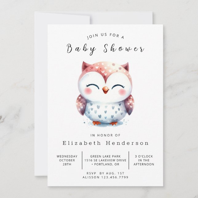 Invitación Pastel Imprimible Owl Baby Shower (Anverso)