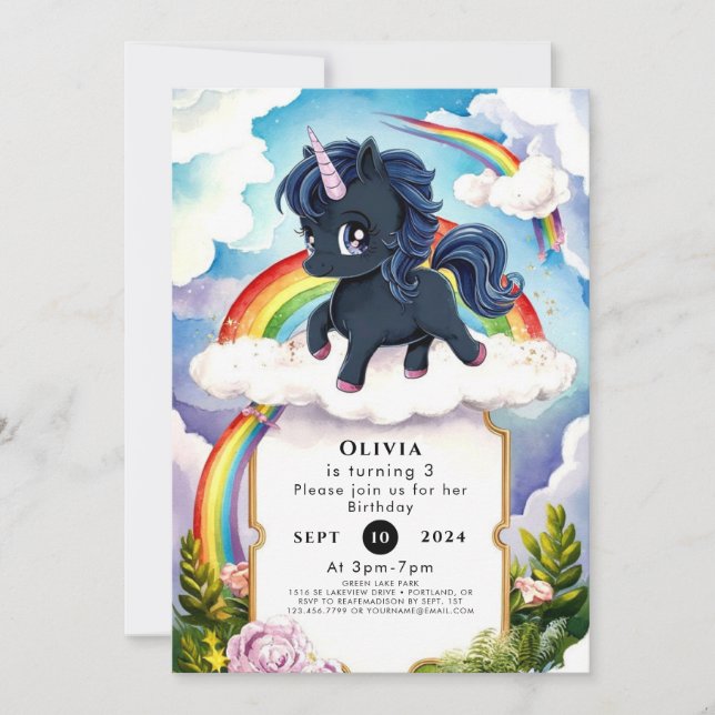 Invitación Pastel Kids Black Unicorn Cumpleaños (Anverso)