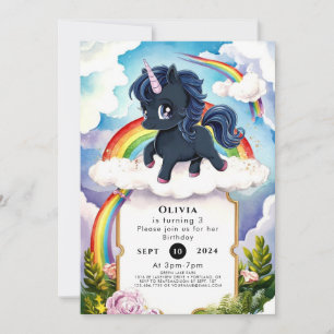 Invitación Pastel Kids Black Unicorn Cumpleaños