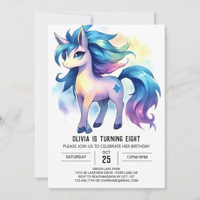 Invitación Pastel Kids Horse Birthday (Anverso)