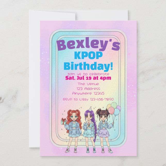 Invitación Pastel KPOP Girls Birthday Celebration (Anverso)