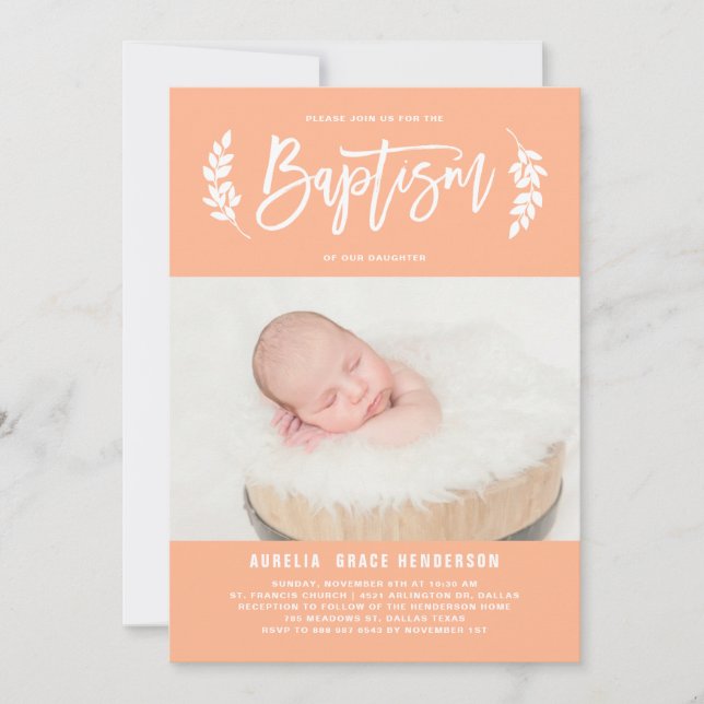 Invitación Pastel Laurel Wreath Baby Photo Baptism (Anverso)