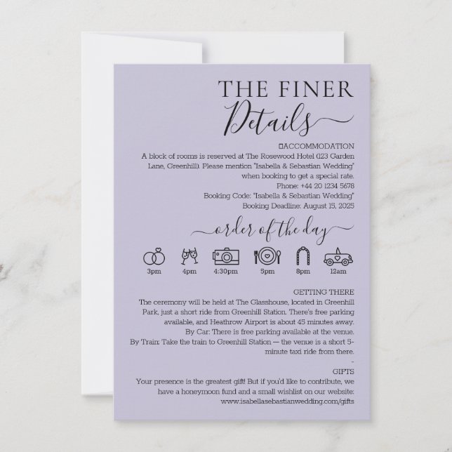 Invitación Pastel Lavender Lilac Wedding Finer Details (Anverso)