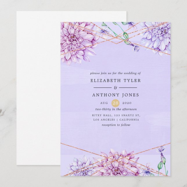 Invitación Pastel Lavender y Boda Geométrico Floral Oro (Anverso / Reverso)