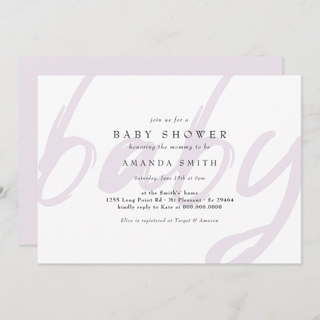 Invitación Pastel Lila Mínimo Sexo Neutral Baby Shower (Anverso / Reverso)