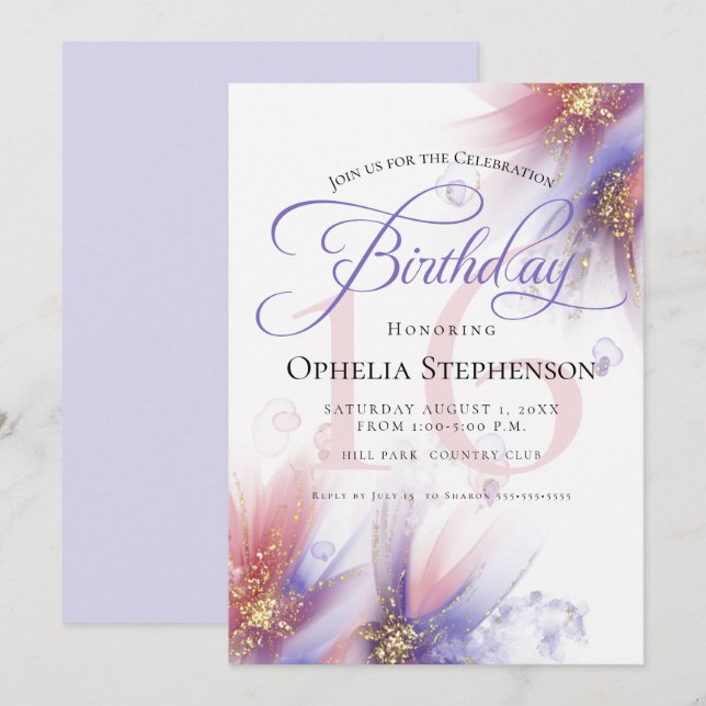 Invitación Pastel Lilac Rosa Resumen Cumpleaños Floral (Anverso / Reverso)