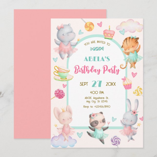 Invitación Pastel lindo cumpleaños de bailarina (Anverso / Reverso)