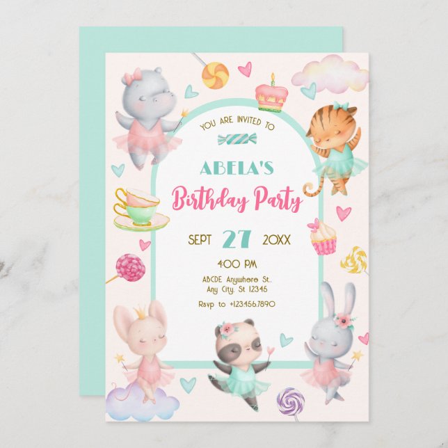Invitación Pastel lindo cumpleaños de bailarina (Anverso / Reverso)