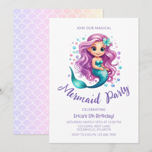 Invitación Pastel Little Mermaid Watercolor Chica Cumpleaños (Anverso / Reverso)