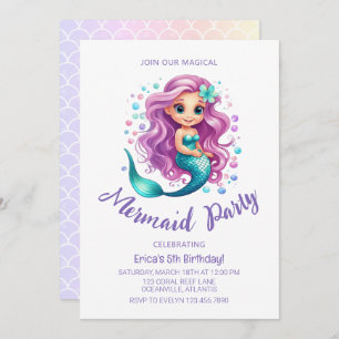 Invitación Pastel Little Mermaid Watercolor Chica Cumpleaños