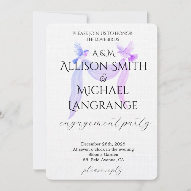 Invitación Pastel Lovebirds Engagement Party (Anverso)