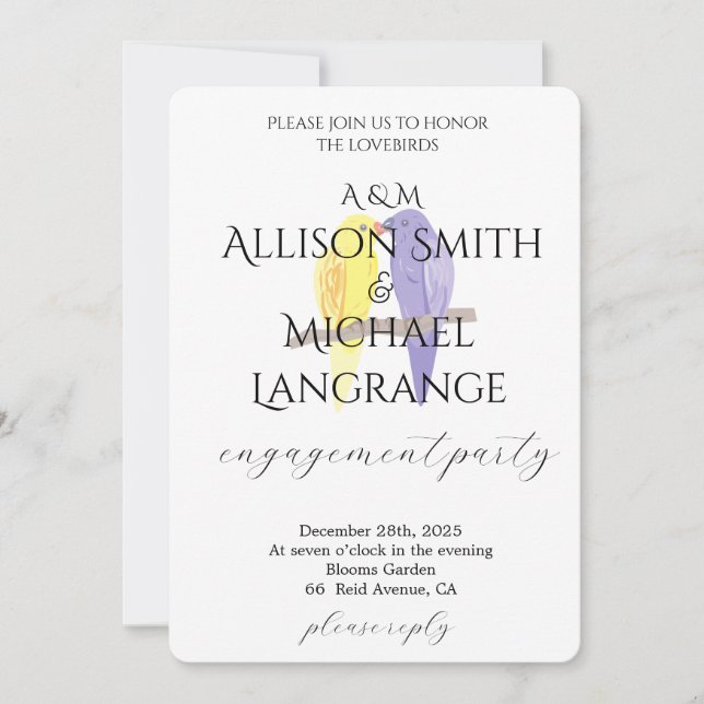 Invitación Pastel Lovebirds Engagement Party (Anverso)