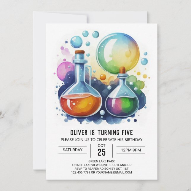 Invitación Pastel Mad Scientist Potion Cumpleaños (Anverso)