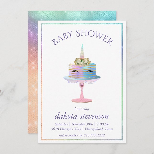 Invitación Pastel magico unicornio | Ducha acuarela de fantas (Anverso / Reverso)