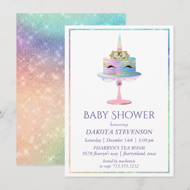 Invitación Pastel magico unicornio | Ducha acuarela de fantas (Anverso / Reverso)