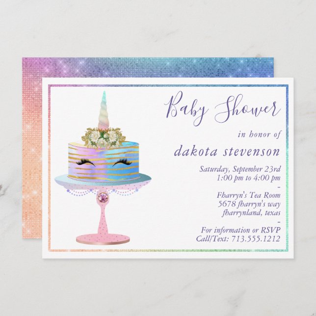Invitación Pastel magico unicornio | Ducha acuarela de fantas (Anverso / Reverso)