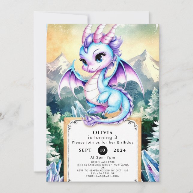 Invitación Pastel Majestic Cute Dragon Cumpleaños (Anverso)