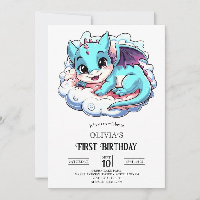 Invitación Pastel Majestic Digital Dragon 1er cumpleaños (Anverso)