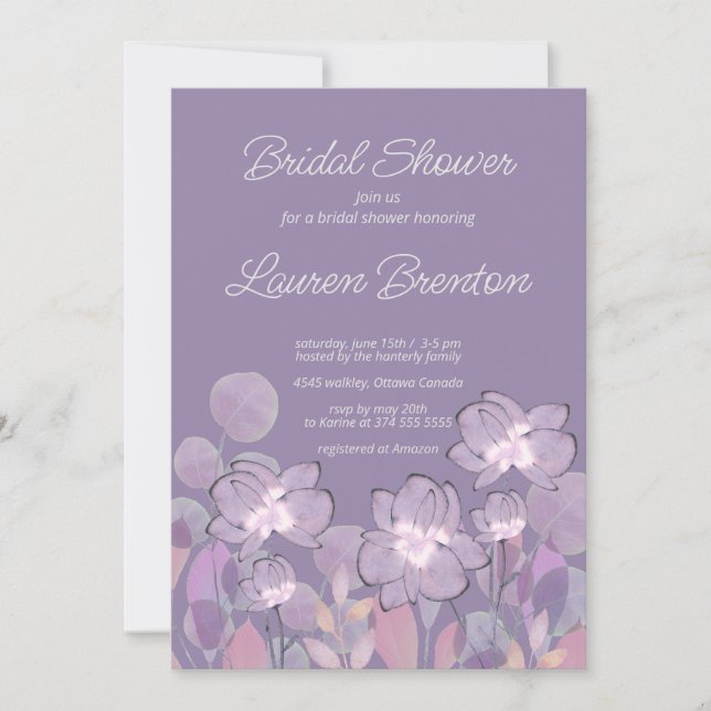 Invitación Pastel mauve morado floral Bridal Shower (Anverso)