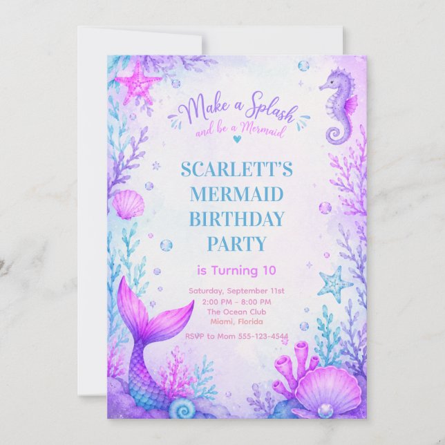 Invitación Pastel Mermaid Birthday Invitation Purple (Anverso)