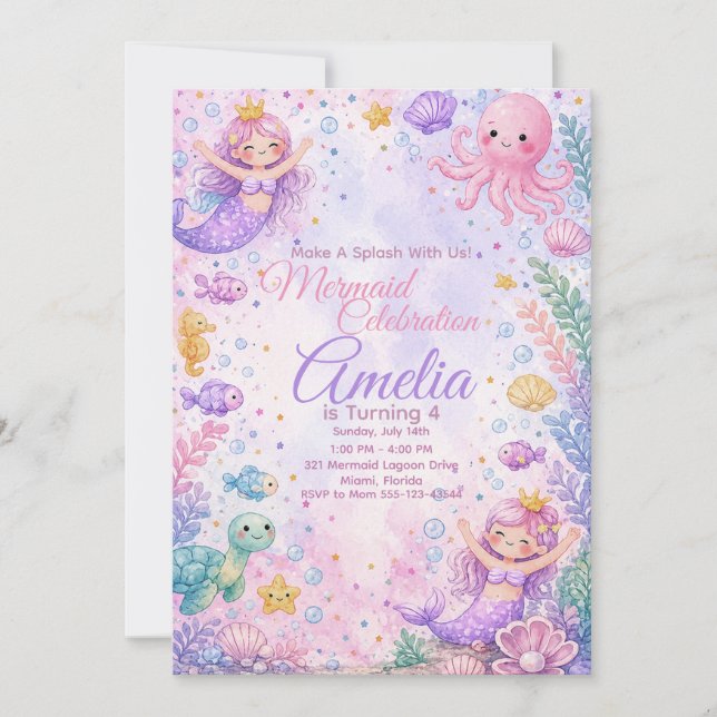 Invitación Pastel Mermaid Celebration Invitation Editable (Anverso)