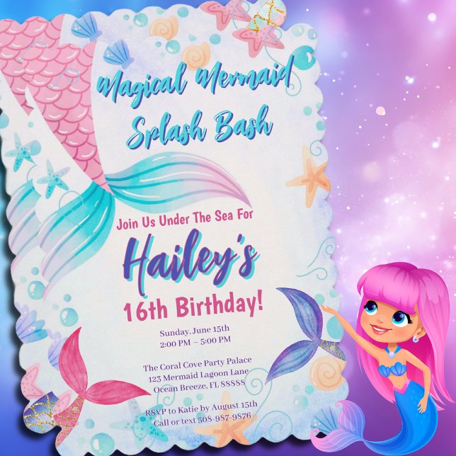 Invitación Pastel Mermaid Tails Watercolor Cumpleaños (Magical Mermaid Birthday Party Invitation)
