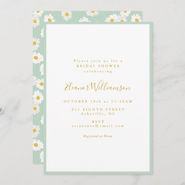 Invitación Pastel Mint Sage Retro Daisy Floral Bridal Shower (Anverso / Reverso)