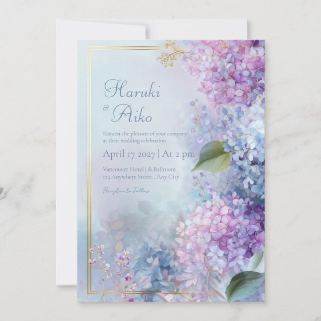 Invitación Pastel Misty Hydrangea Gilded Gold Frame Wedding (Anverso)