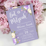 Invitación Pastel Morado Floral Blanco Bat Mitzvah<br><div class="desc">Pastel Morado Floral White Script Invitación Mitzvah</div>