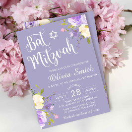 Invitación Pastel Morado Floral Blanco Bat Mitzvah