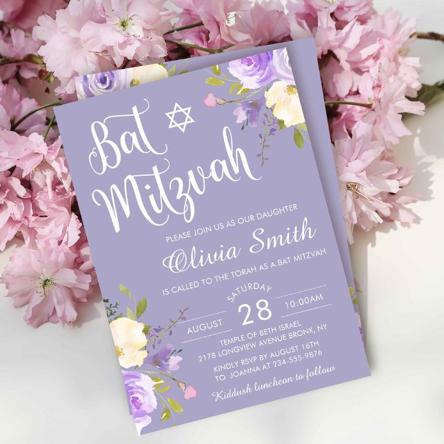 Invitación Pastel Morado Floral Blanco Bat Mitzvah (Subido por el creador)