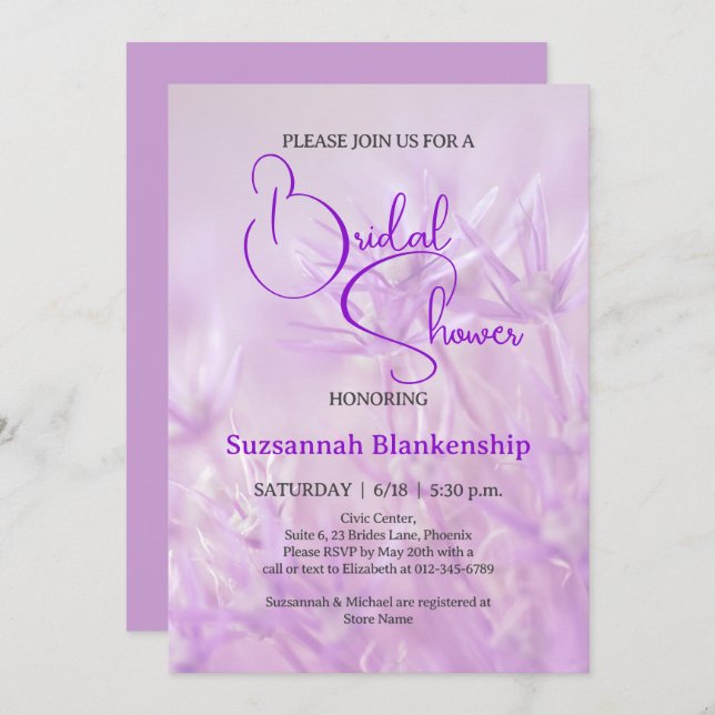 Invitación Pastel Morado Fondo Floral Brillante Ducha (Anverso / Reverso)