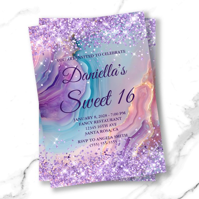 Invitación Pastel morado Purpurinoso azul Agate rosa dulce 16 (Pastel Purple Glittery Blue Pink Agate Sweet 16 Invitation)
