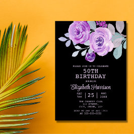 Invitación Pastel Morado Rosa Floral Negro 50 cumpleaños