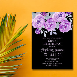 Invitación Pastel Morado Rosa Floral Negro 60 cumpleaños