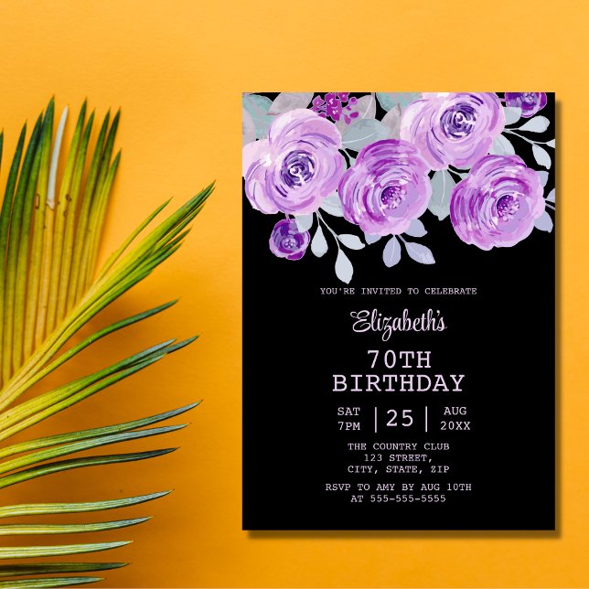Invitación Pastel Morado Rosa Floral Negro 70 cumpleaños (Subido por el creador)