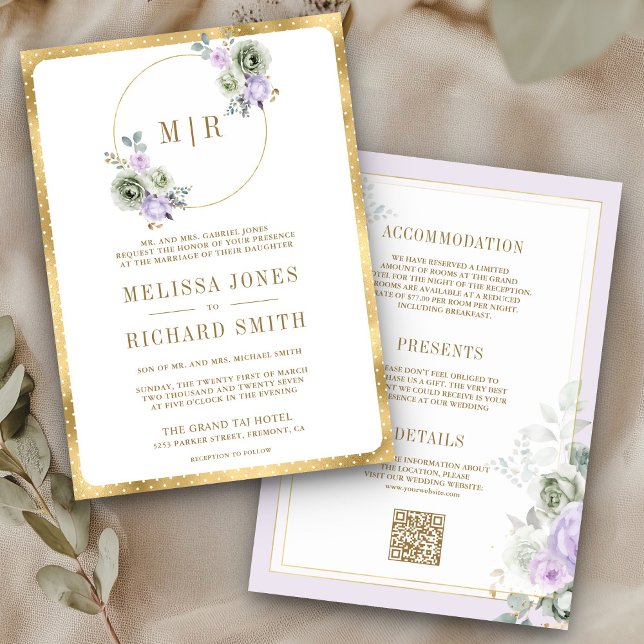 Invitación Pastel Morado Sabio Verde Floral Todo en un Boda (Subido por el creador)