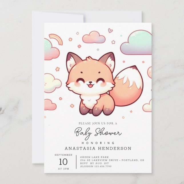 Invitación Pastel Mythical Fox Baby Shower (Anverso)
