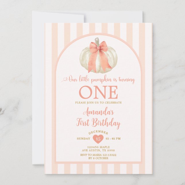 Invitación Pastel Naranja Calabaza Bowtie Primer Fiesta de cu (Anverso)