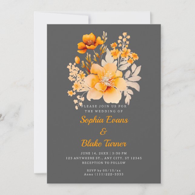Invitación Pastel Naranja Floral Bouquet Fall Gris Boda (Anverso)