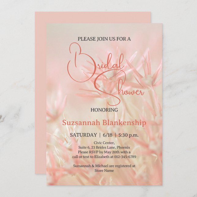 Invitación Pastel Naranja Fondo floral Ducha de novia (Anverso / Reverso)