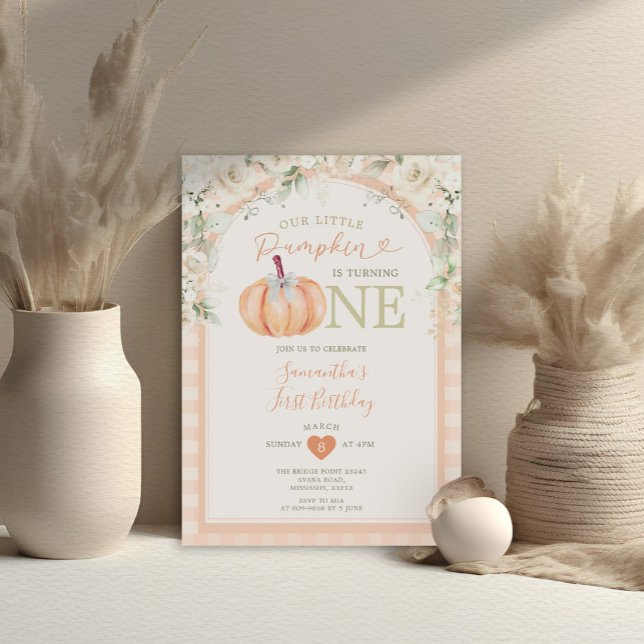 Invitación Pastel Naranja Pumpkin Floral Gingham Primer cumpl (Subido por el creador)
