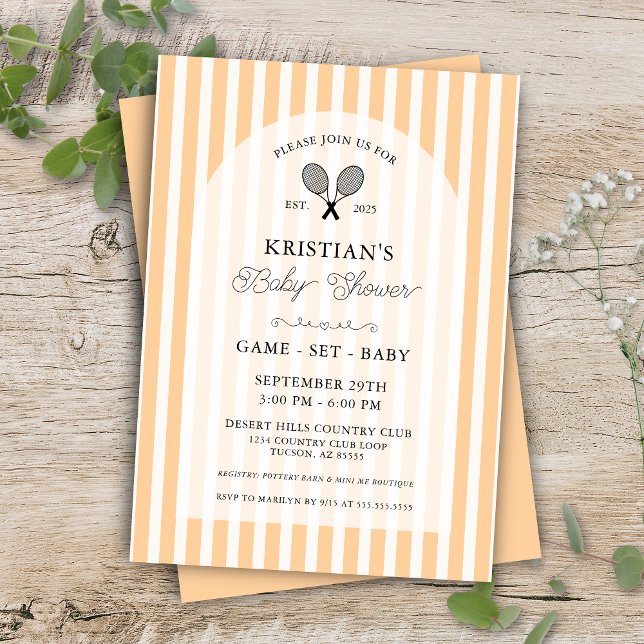 Invitación Pastel Naranja Tennis Country Club Baby Shower (Orange preppy chic baby shower card enclosures for elegant country club tennis inspired baby shower)