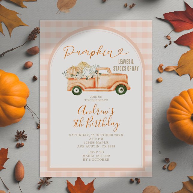 Invitación Pastel Naranja Tractor Pumpkin Gingham Cumpleaños (Subido por el creador)