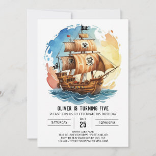 Invitación Pastel Nautical Waves Pirata Cumpleaños