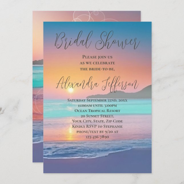 Invitación Pastel Ocean Sunset Beach Bridal (Anverso / Reverso)