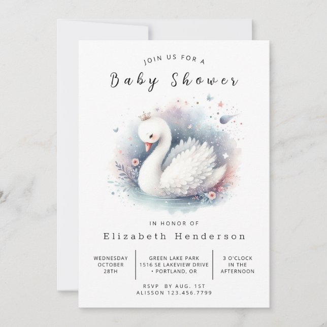 Invitación Pastel Online Swan Baby Shower (Anverso)