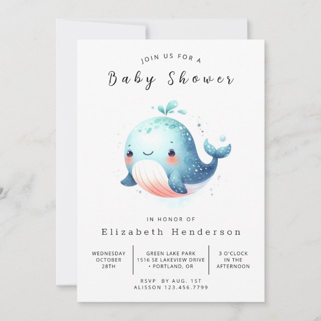 Invitación Pastel Online Whale Baby Shower (Anverso)