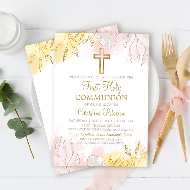 Invitación Pastel Oro Rosa Floral Primera Comunión Santa (Subido por el creador)