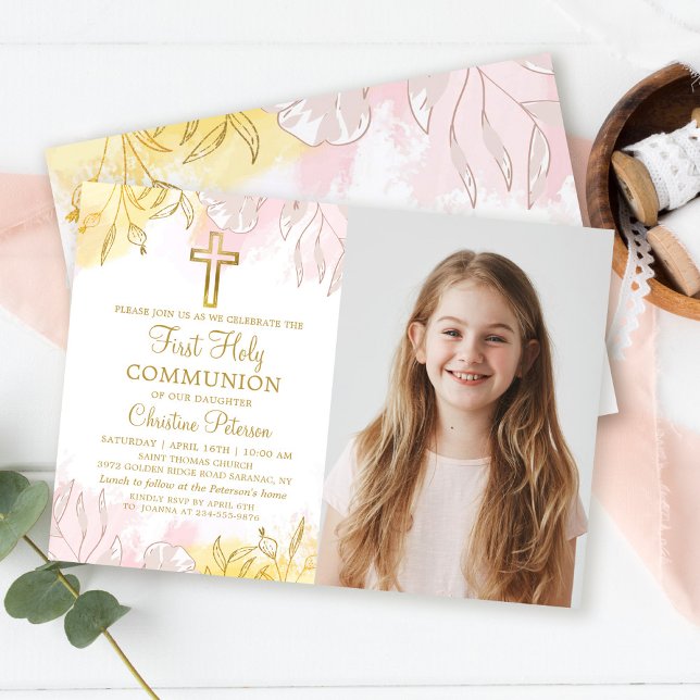 Invitación Pastel Oro Rosa Floral Primera Santa Comunión Foto (Subido por el creador)